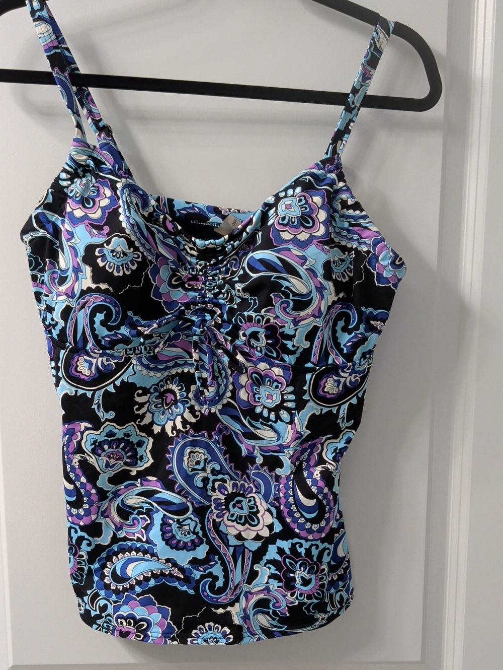 Lands' End Black Paisley Ruched Swim Top with Blue & Purple Accents